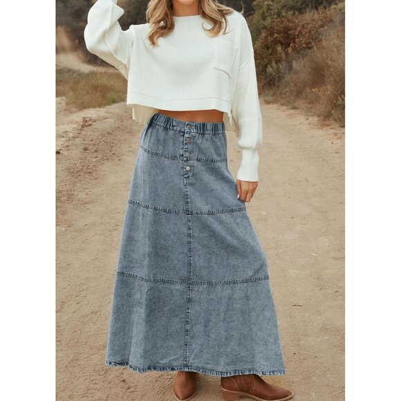 Stylish Tiered Denim Maxi Skirt in Retro Blue - High Waist for Comfortable Fit - Picture 2 of 5